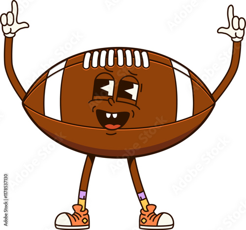 Groovy rugby ball sport character in a dynamic pointing up pose. Isolated cartoon vector retro sports equipment personage with cheerful expression, wearing sneakers, exudes energetic and playful vibe photo