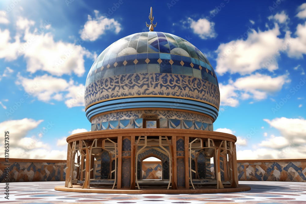 Obraz premium Majestic Mosque with Large Dome and Arched Entrances Under Clear Blue Sky. Ai generative