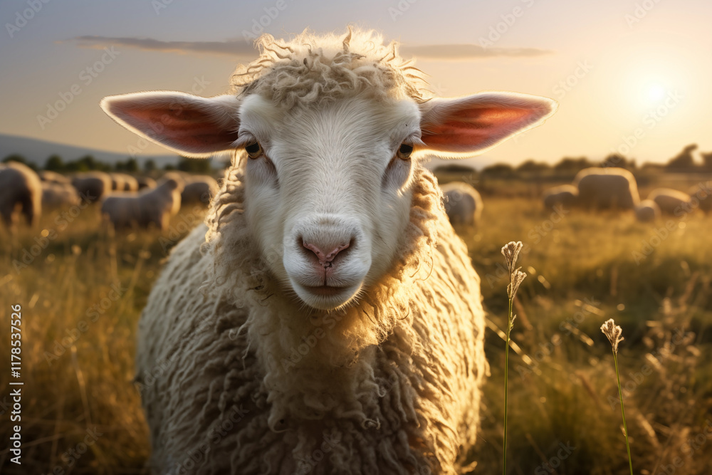 Fototapeta premium Close-Up of Sheep in a Sunlit Field with a Flock in the Background. Ai generative