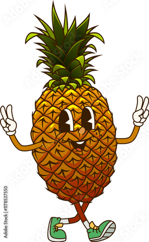 Groovy pineapple fruit retro cartoon character with funky smile, vector emoji. Groovy pineapple with silly face and hippie peace sign gesture, funny fruit food character and retro cartoon personage