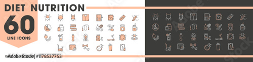 Keto diet nutrition line icons of healthy food and fitness sport for weight control, vector pictograms. Keto diet, weight loss and health nutrition icons of exercise workout, vitamins and supplements