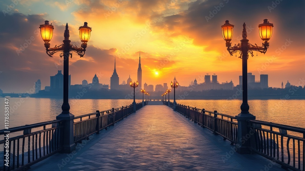 Golden sunrise lights up a city skyline beyond the water, as rows of street lamps guide the viewer down a serene promenade Golden sunrise lights up a city skyline beyond the water, as rows of street lamps guide the viewer down a serene promenade