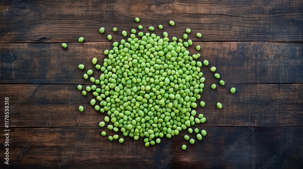 A pile of green peas on a wooden surface, showcasing fresh produce for culinary use. A pile of green peas on a wooden surface, showcasing fresh produce for culinary use.