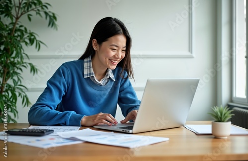 Asian businesswoman happily working at office desk using laptop. Analyzes financial report, investment strategy documents. Modern office setting with documents, calculator on wooden table. Pro,