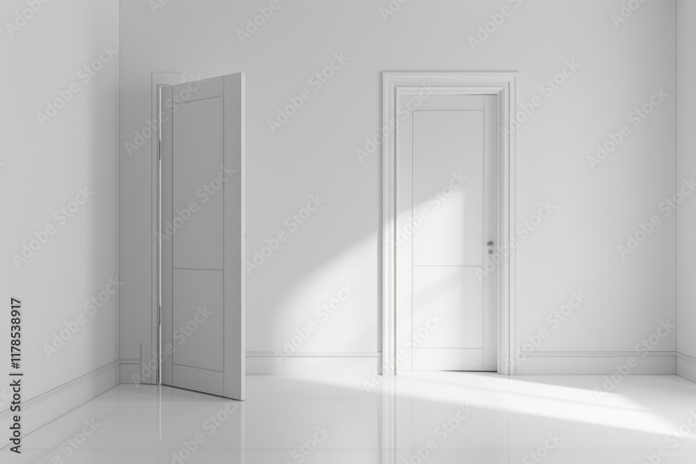 An empty room with a white background color, featuring an open door on the wall. An empty room with a white background color, featuring an open door on the wall.