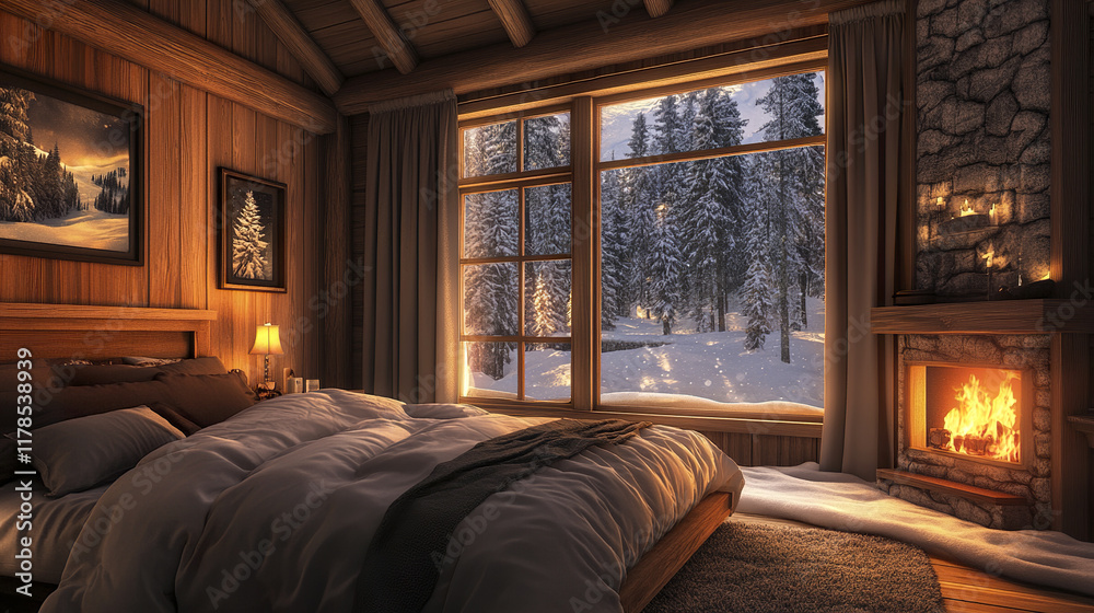 Cozy cabin bedroom with large window and snowy forest view Cozy cabin bedroom with large window and snowy forest view