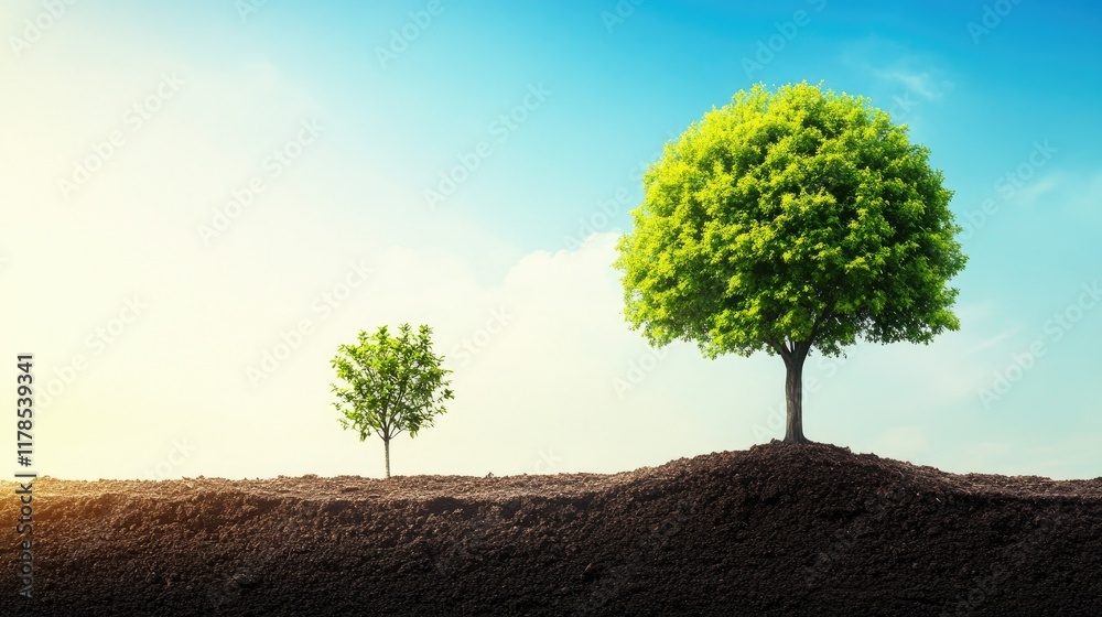 Fototapeta premium Juxtaposition of a small tree and a large tree on divided soil, emphasizing stages of growth and development.