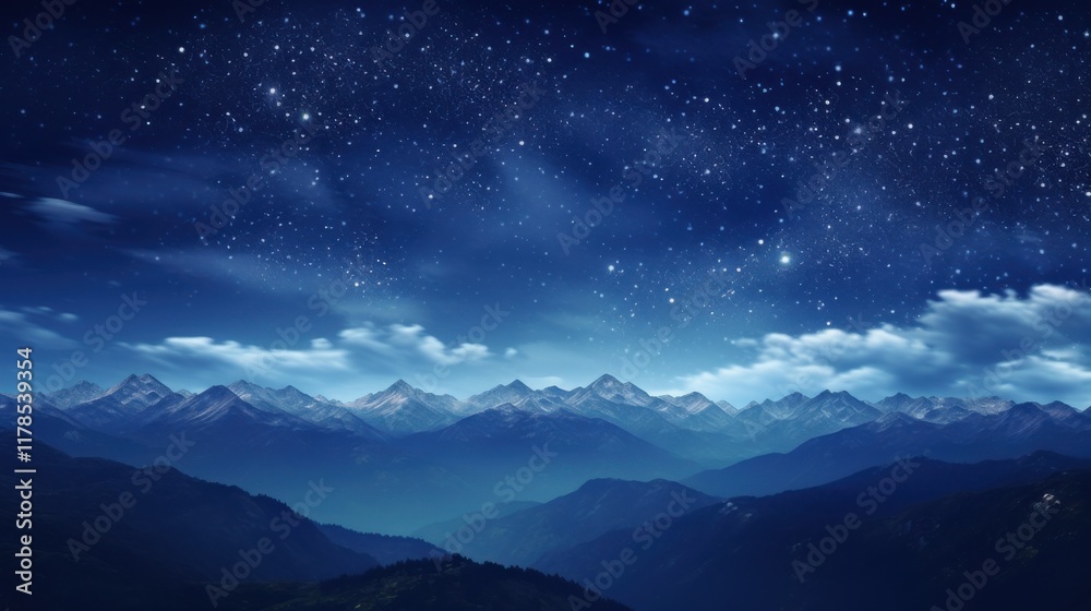 A magical starry night scene, glowing stars in a deep, infinite sky, with dynamic, swirling patterns and abstract blue hills A magical starry night scene, glowing stars in a deep, infinite sky, with dynamic, swirling patterns and abstract blue hills