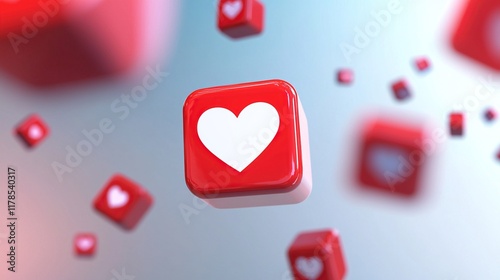 3D red social media-like icon floating in the air with a white heart inside, blurred background, cartoon style, low-angle shot, simple design, high resolution.