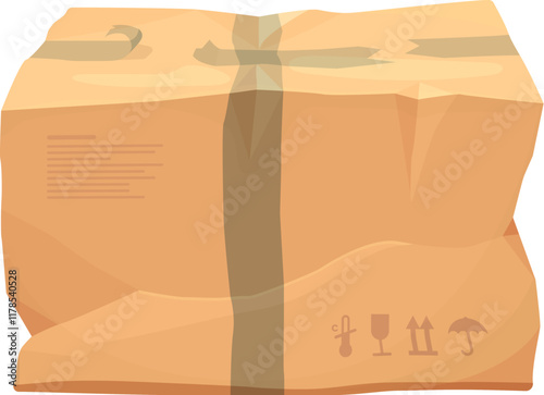 Damaged delivery box, crumpled and broken or ripped cardboard cargo package, vector icon. Damaged carton parcel or delivery carboard box with bent crumpled sides, torn adhesive tape and fragile signs