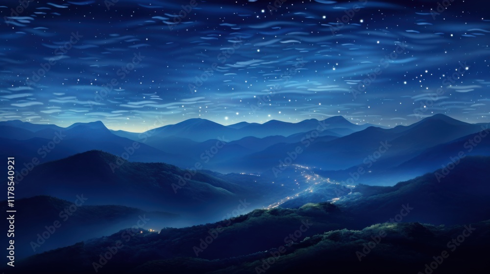 Naklejka premium A surreal starry night, with glowing stars casting soft light over undulating abstract blue hills, swirling patterns of celestial light filling the sky, creating a dreamy and magical nighttime artwork