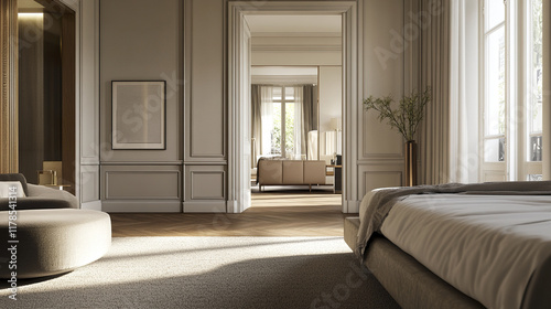 Elegant master bedroom with polished wood floors and plush decor