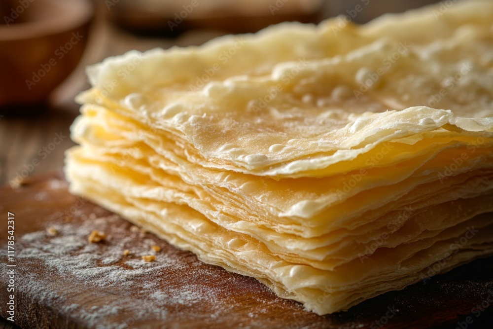 Stack of thin fresh pastry sheets on wooden surface Stack of thin fresh pastry sheets on wooden surface