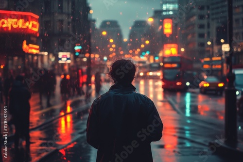 Man walking in a rainy city street with neon lights