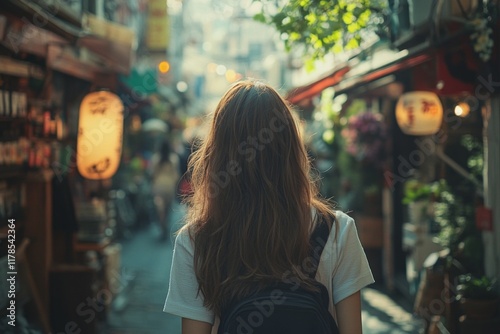 Blonde woman walking in a narrow alley with warm lights