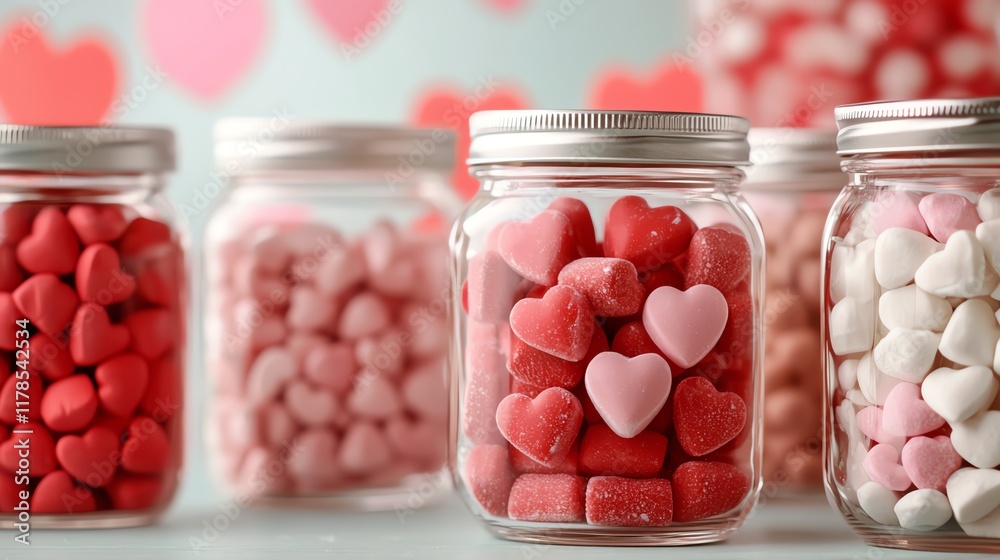 Colorful jars filled with heart-shaped candies in shades of red and pink, creating a festive and romantic atmosphere. Colorful jars filled with heart-shaped candies in shades of red and pink, creating a festive and romantic atmosphere.
