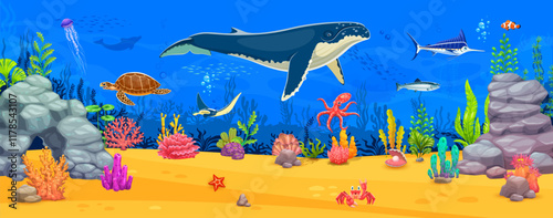 Cartoon underwater landscape with whale, sea animals and fishes, vector background. Undersea with big whale, octopus and turtle or jellyfish with marlin and clownfish of ocean coral reef landscape