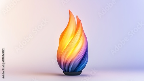 A vibrant, colorful flame sculpture with swirling hues of orange, purple, and blue, set against a soft gradient background.