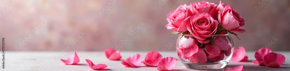 Fototapeta premium Elegant glass vase filled with fresh rose petals, florals, aromatics