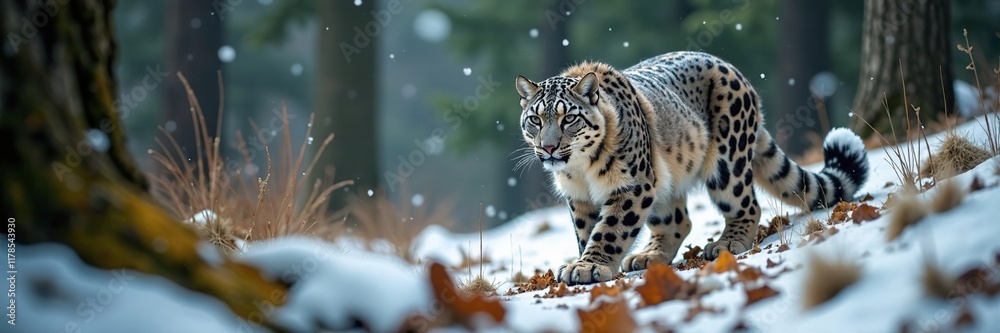 Obraz premium Snow leopard crouching low to stalk prey in forest, camouflage, predators, wildlife