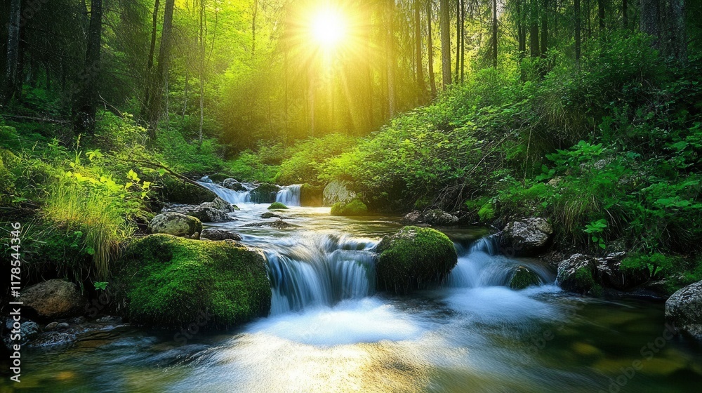 Mountain stream flows gently through a lush forest with sunlight shining on the tranquil waters