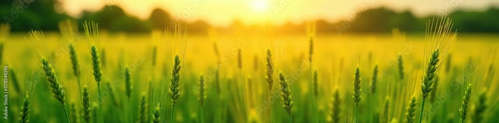 sunlit wheat field with lush green stalks and delicate golden grains, nature, agriculture