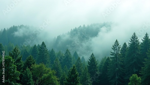 A thick layer of fog obscures the top of towering trees, vertical, green
