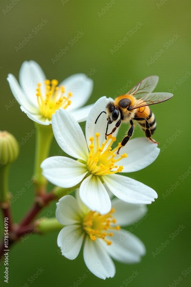 A bee flies from one white Acacia flower to another collecting nectar, petals, A bee flies from one white Acacia flower to another collecting nectar, petals,