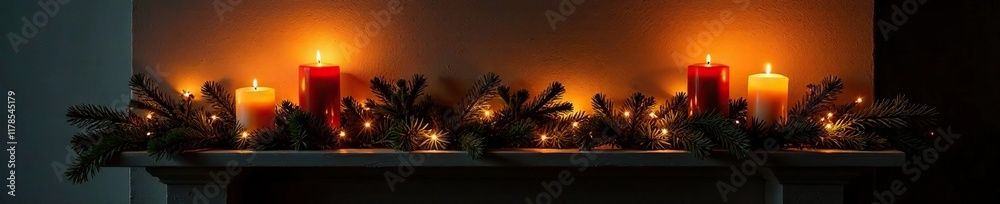 Festively decorated mantel with glowing candles and evergreen branches, rustic charm, mantel decor Festively decorated mantel with glowing candles and evergreen branches, rustic charm, mantel decor