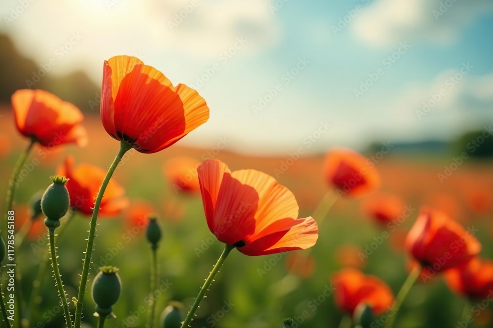 Naklejka premium Delicate red poppies gently sway in the breeze, nature, petals, field of flowers