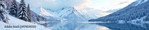 Wallpaper Mural A snow-covered mountain range with a frozen lake and trees, serene scenery, frost Torontodigital.ca