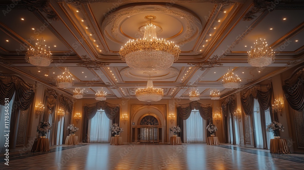 Obraz premium A grand ballroom featuring elegant chandeliers, ornate decor