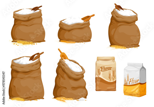 Flour bags, packets and sacks with wheat and rice grains, vector cereal farm and bakery food. Cartoon old burlap sacks and paper bags with white flour, rustic wood scoop, wheat ears and rice spikelets