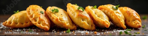 Un conjunto de empanadas frescas y crujientes sobre una superficie de trabajo, fresco, aroma, crujiente