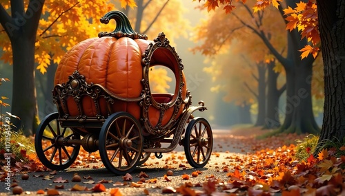 Ornate pumpkin carriage with a grand entrance, autumn, entrance, grandeur photo