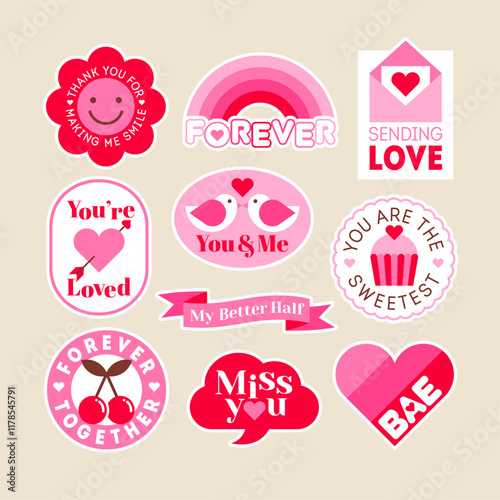 Set of cute pink stickers for valentine’s day. Love concept quotes with typography design. photo