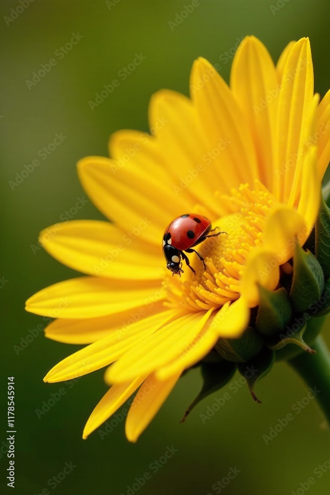 A curious ladybug crawling on the petals of a bright yellow sunflower, Petals, Ladybugs A curious ladybug crawling on the petals of a bright yellow sunflower, Petals, Ladybugs