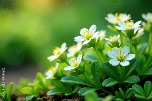 Low growing Sedum herbstfreude with white blooms, greenery, foliage, sedum herbstfreude photo