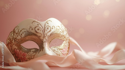 A beautifully crafted Venetian mask adorned with intricate glitter details and delicate floral accents. photo