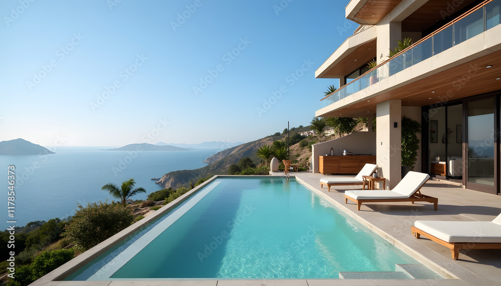 Fototapeta premium Luxury villa with infinity pool and ocean view, sun loungers, modern architecture, stunning landscape