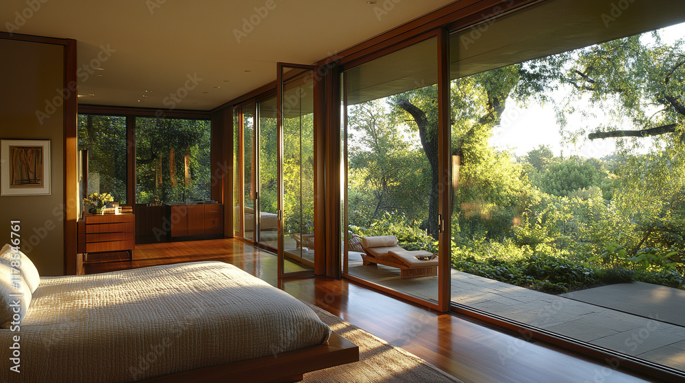 Sleek bedroom with large windows framing lush patio view Sleek bedroom with large windows framing lush patio view