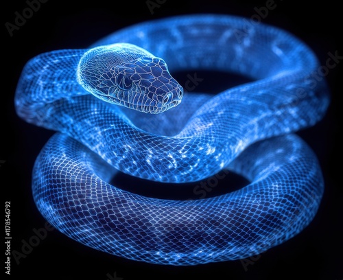 3D Digital Representation of a Blue-Illuminated Snake on a Black Background Showcasing Modern Technology and Wildlife Fusion in a Stunning Visual Experience photo