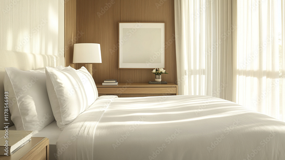 Sleek bedroom with white bedding and soft textures, featuring wooden elements Sleek bedroom with white bedding and soft textures, featuring wooden elements