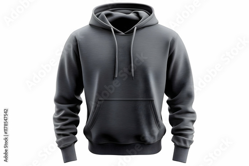 A dark grey hoodie mockup with long sleeves, isolated on a white background, featuring a precise clipping path for easy customization.