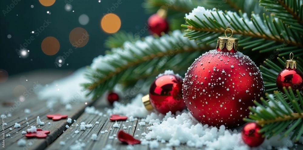 Naklejka premium Red Christmas ornament nestled among winter flowers, Greenery, Nature-Inspired Holiday, Pine Branches