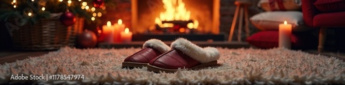 Cozy winter scene with fluffy slippers on a rug in front of fireplace, winter, crackling fire