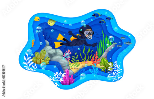 Young diver and paper cut underwater landscape. Cartoon vector character with diving suit and oxygen balloon exploring underwater tropical sea world, surrounded by colorful fish shoals and coral reefs