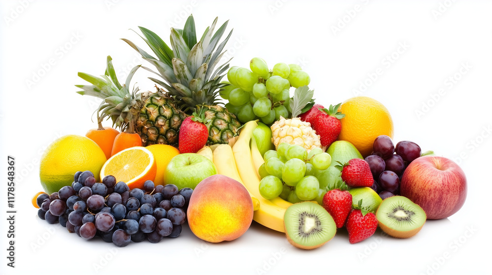 A Rainbow of Freshness: A vibrant assortment of fresh fruits, including pineapple, grapes, strawberries, oranges, apples, bananas, kiwi, and cherries, creates a colorful and appetizing display. A Rainbow of Freshness: A vibrant assortment of fresh fruits, including pineapple, grapes, strawberries, oranges, apples, bananas, kiwi, and cherries, creates a colorful and appetizing display.