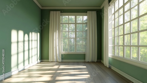 Sunlit Green Room with Large Windows and Curtains photo