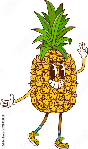 Groovy retro cartoon pineapple fruit character with funny face and smile, vector comic emoji. Groovy pineapple tropical fruit with Hi Hello gesture and happy freaky or funky smile in retro cartoon art